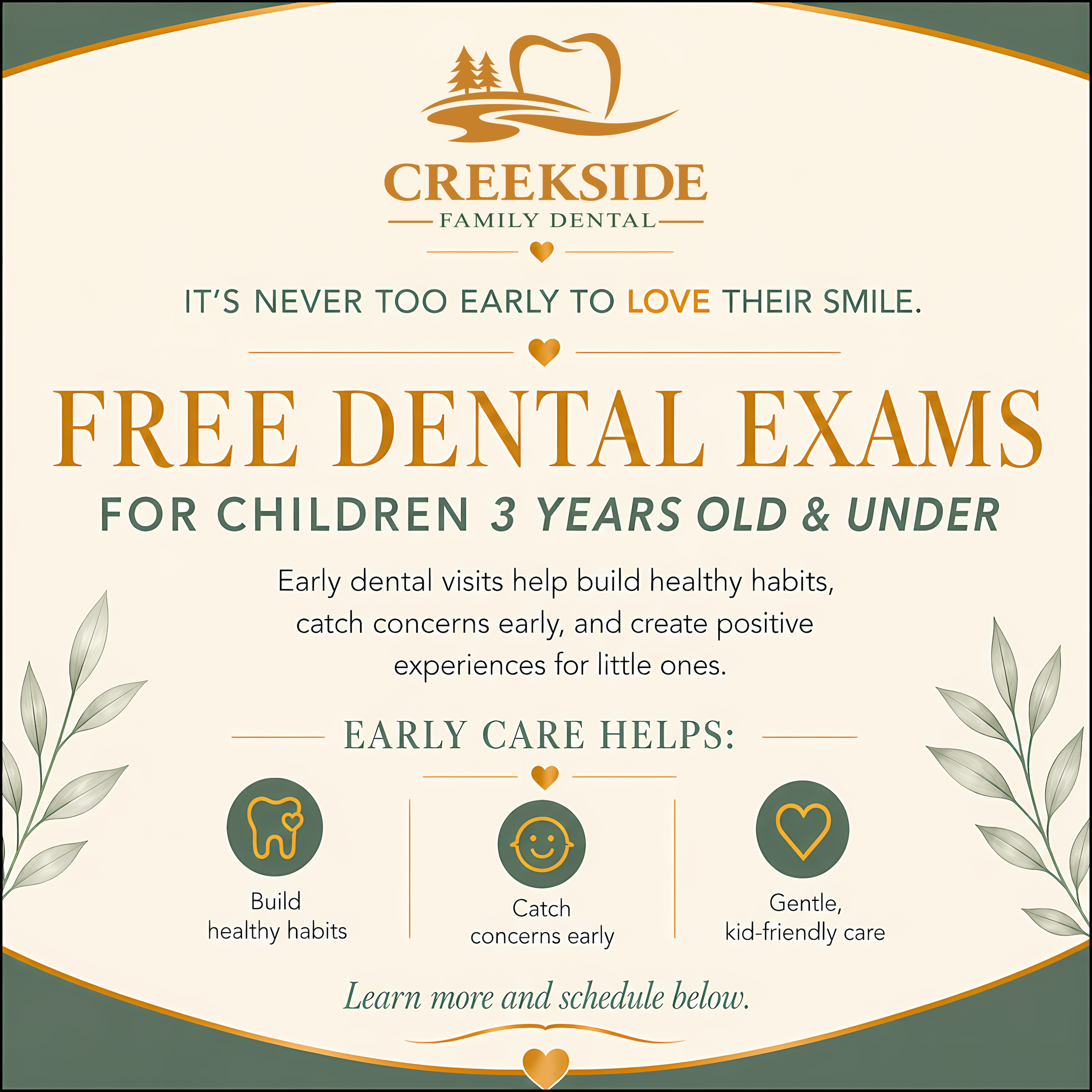Free dental exams for children 3 years old and under at Creekside Family Dental